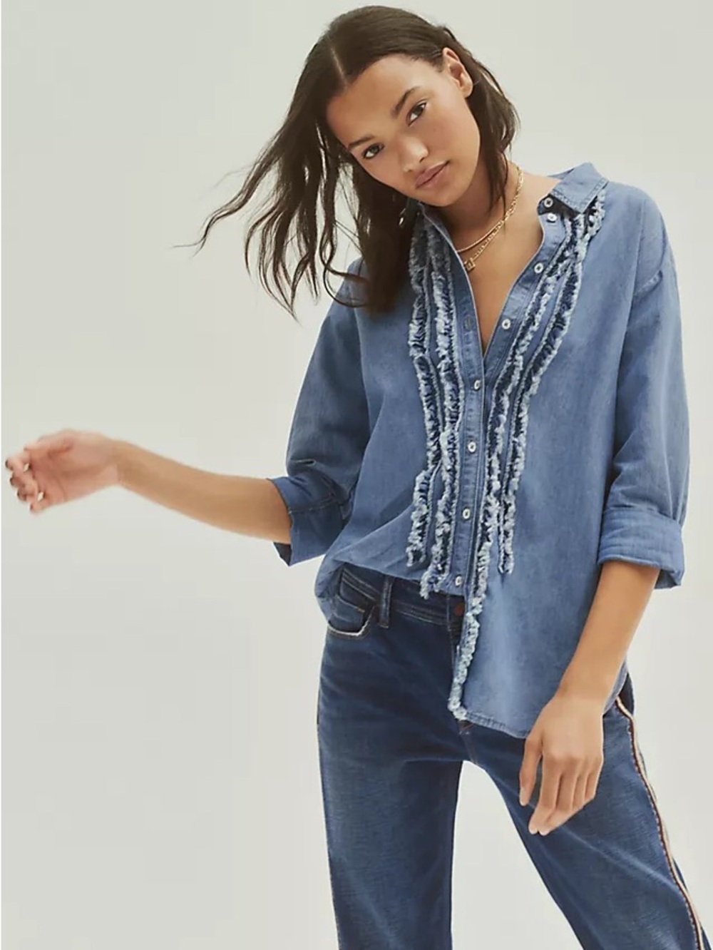 Anthropologie Pilcro Denim Button-Up Shirt with Frayed Ruffle Trim - Light Blue